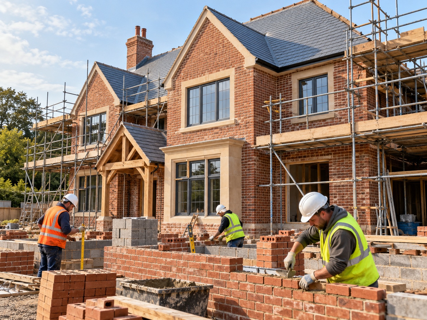 Illustration of a professional crew constructing a substantial brick home