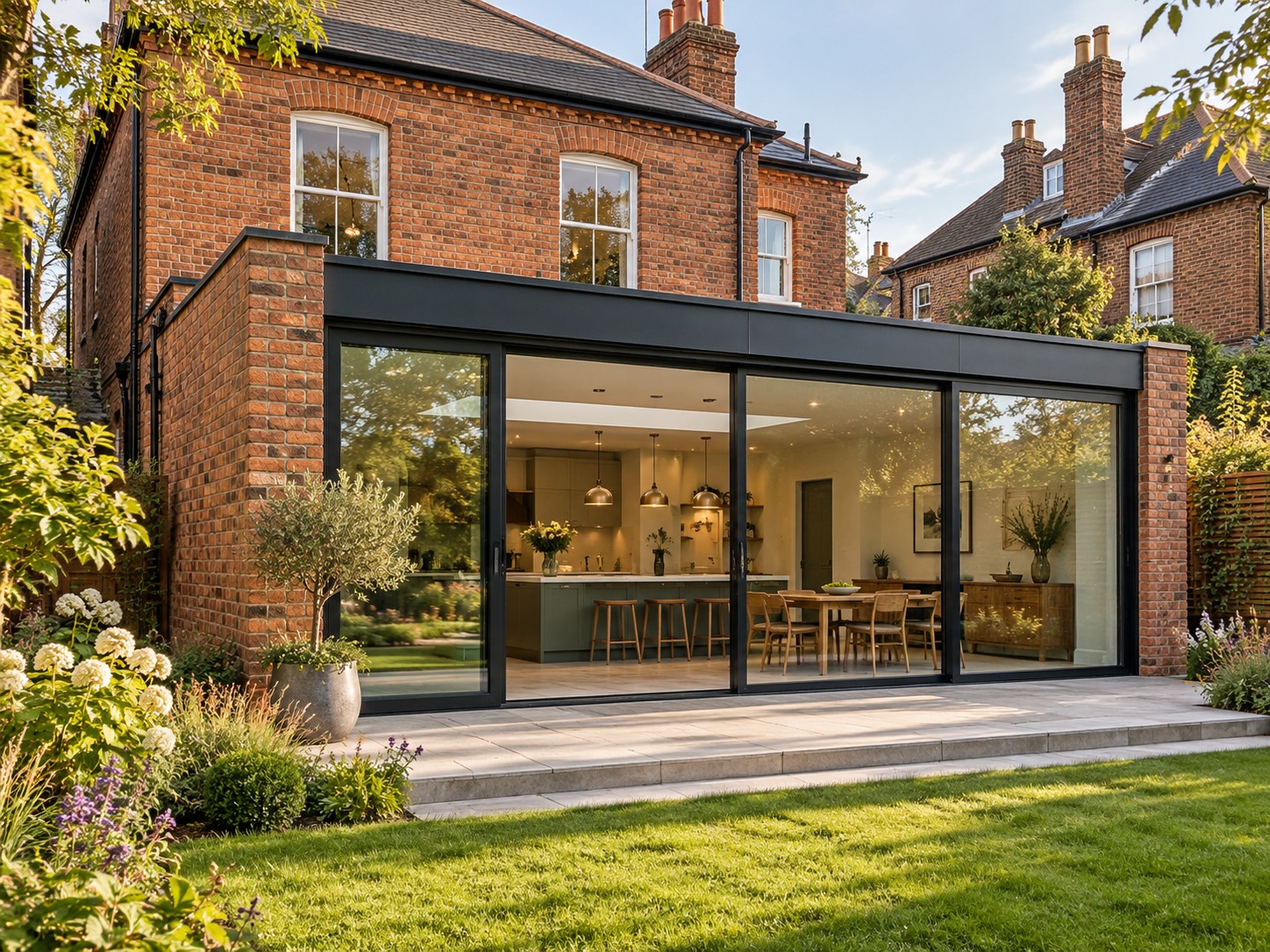 Illustration of a modern glass extension attached to a brick home